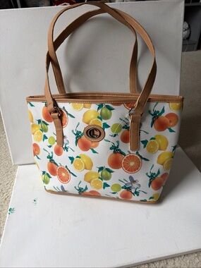 Citrus-Print Tote with Tan Trim